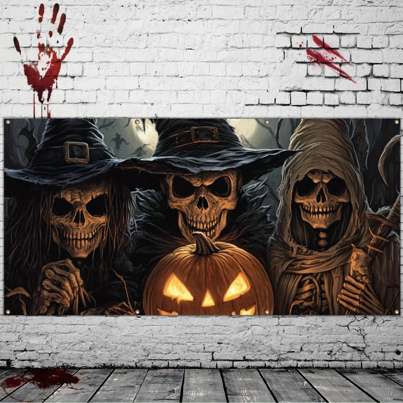 1 piece  Halloween garage banner  three skeleton wizards evil staring at you in the background  party atmosphere background 180X110