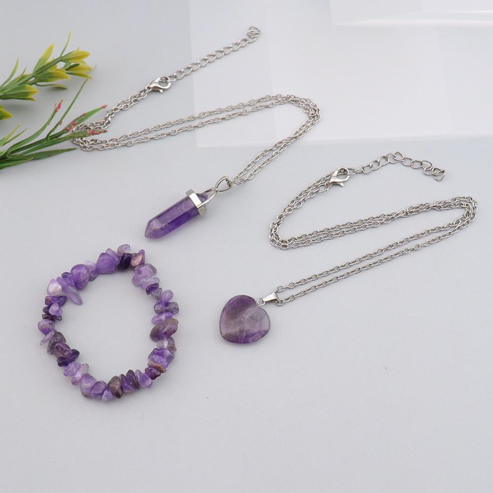 Natural Stone Amethyst Moon Hexagonal Pillar Rough Stone Pendant Necklace Gravel Amethyst Elastic Bracelet N797