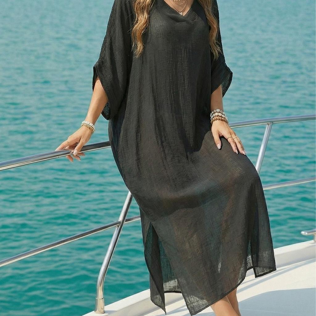 Women's Beach Blouse Summer Women's New V-neck Loose Casual Dress Split-ended Floor Mopping Dress Women
