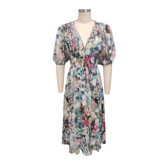 Damen Sommer V-Ausschnitt Maxikleid Lässiges Boho Blumenmuster Lange Kleider Kurze Puffärmel Fließendes Strandkleid Hochzeitsgästekleid