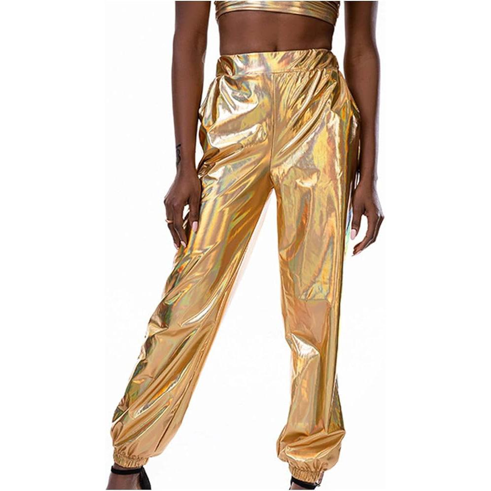 Glänzende, holografische, dehnbare, metallische Jogginghose für Damen, hohe Taille, Sweatpant, Hip-Hop-Club, Rave-Hose