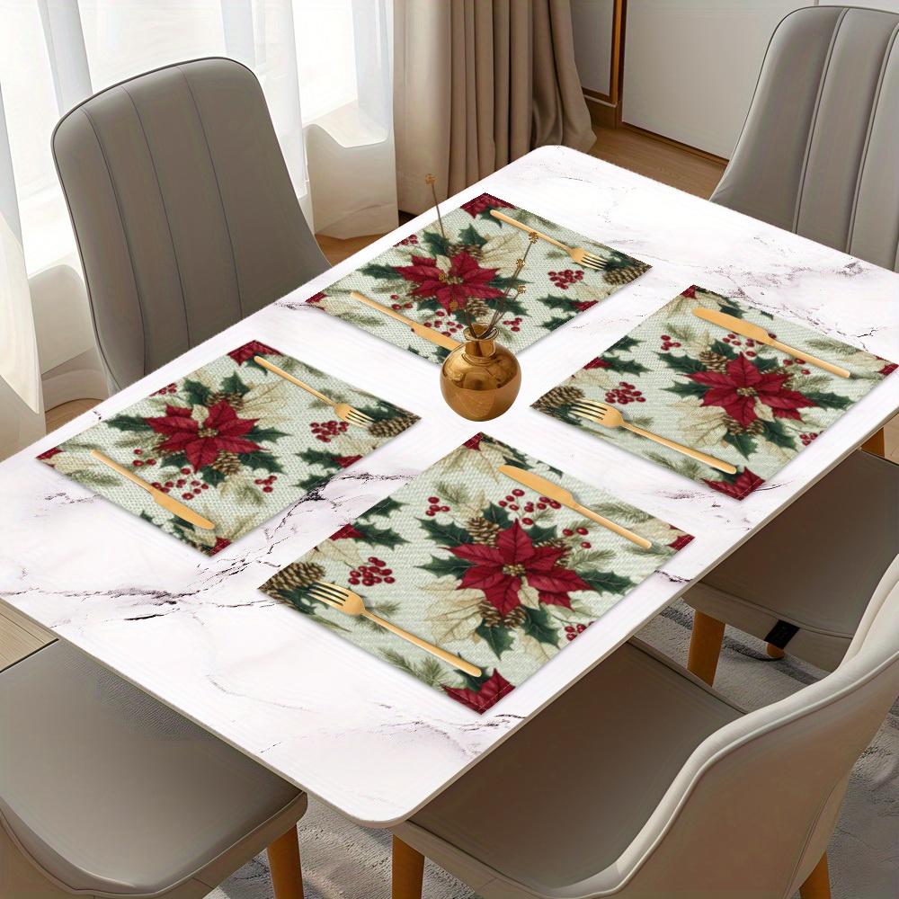 1/2/4/6/8pcs Christmas Theme Placemats - Beautiful Christmas Flower Pattern, 17.7 Inch X 11.8 Inch Rectangle Table Placemats, Machine Washable