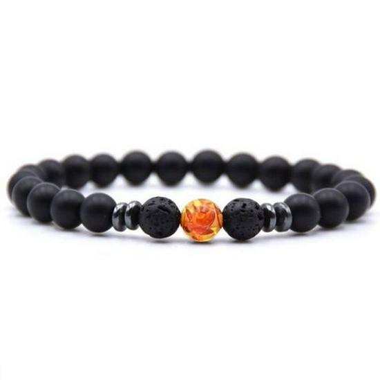 Women's Energy Yoga Bracelet: 8mm Frosted Black Volcanic, Amber & Weathered Stones