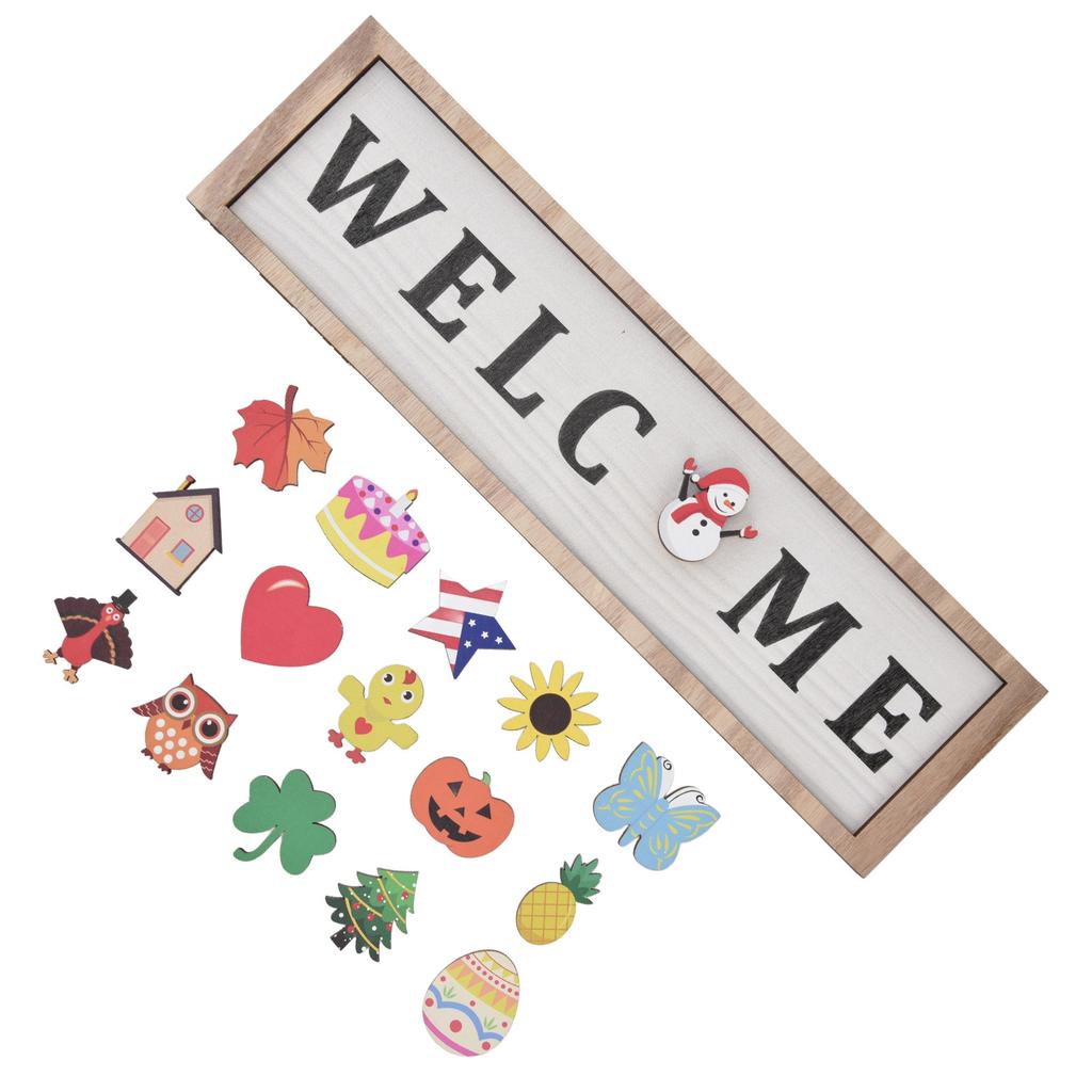 Door Sign Wooden Seasonal Rustic Welcome Door Decoration with 16 Interchangeable Icons for