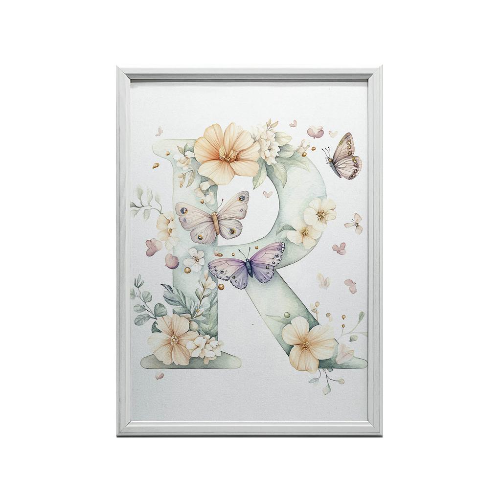 Plakat Literka "R" W Kwiatach I Motylach Plakat Literka "R" W Kwiatach I Motylach, 30X40 Cm, Bez Ramy, Płótno Premium Na Blejtramie