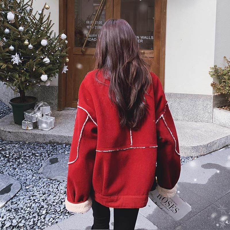 Red Wool Patchwork Parker Cotton Winter Women's Jacket with Velvet-thickened Street Style American Vintage Cotton Jacket