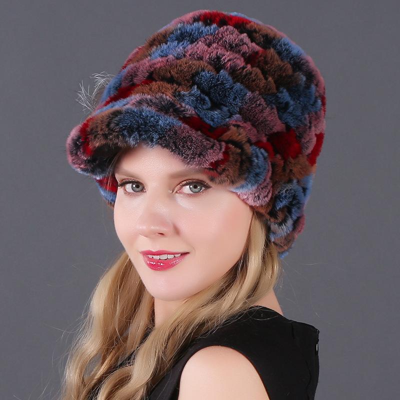 Wintermütze für Damen, warm, Rex-Kaninchenhaar, gestricktes Fell, Entenzungenmütze