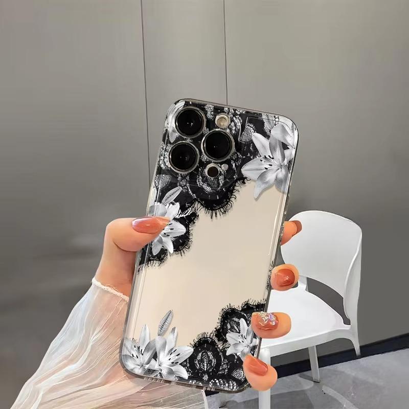 Black Lace White Lily Flower Print Clear Phone Case for iPhone 17 Pro Max 16 15 Pro 14 13 12 11 XR 17Air 16 Plus Silicone Cover