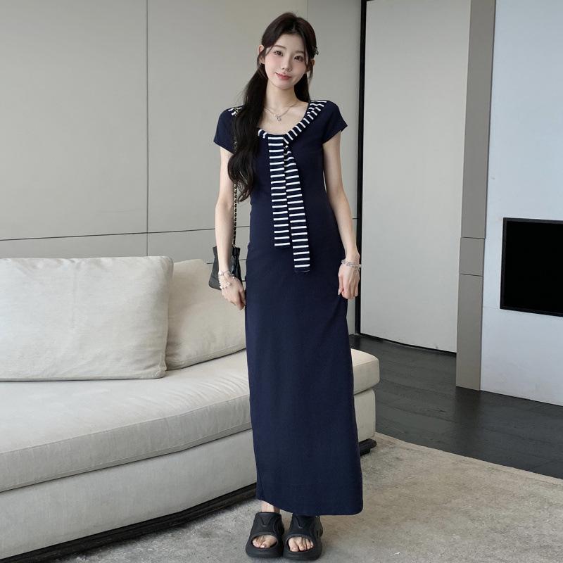 Korean Style Summer Midi Knit Stripe Shawl Dress for Pregnant Women XL