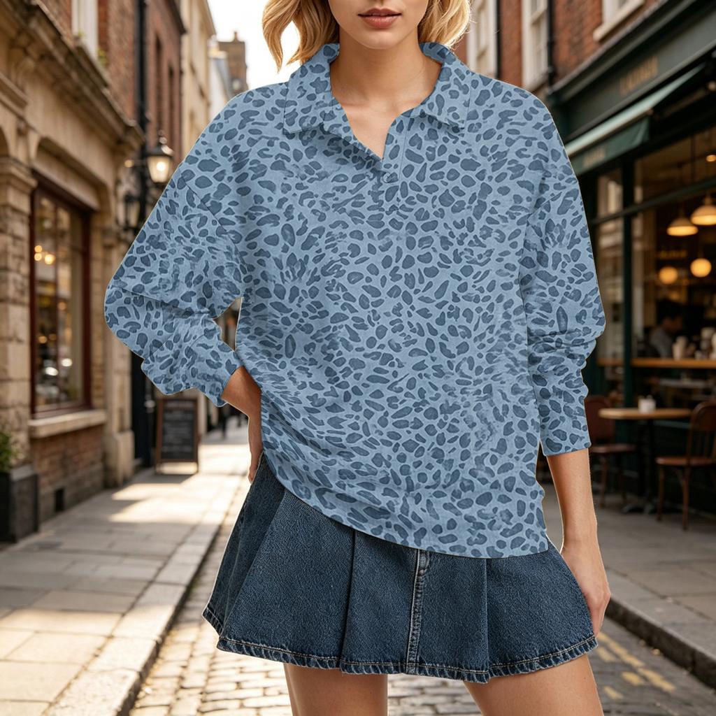 Women's Long Sleeve Leopard Print Top Casual Loose Fit Lapel Collar Blouse for Fall and Winter