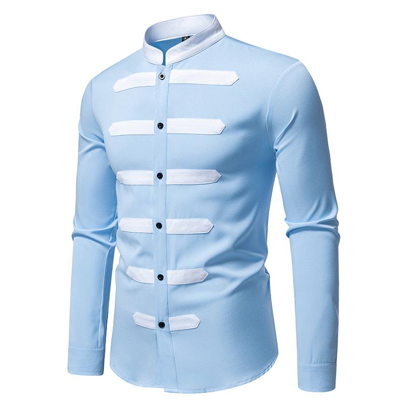 Men's Stand Collar Contrast Panel Dress Shirt Long Sleeve Fashion Slim-Fit Top for Men Spring Autumn Multi-Color Male Formal Blouse