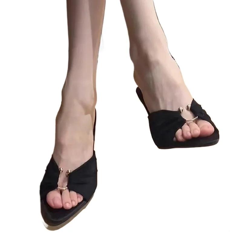 Plus Size 2025 Summer Modern Women's Peep Toe Slippers Pointed Toe Thin Heels Sandals Classics Party Dress Slippers