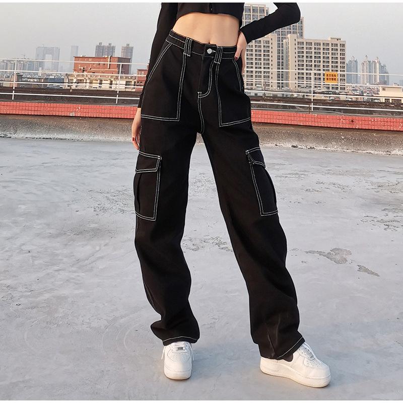 Women Cargo Pants High Waist Solid Color Loose Multi Pockets Full Length Soft Breathable Casual Streetwear Lady Denim Trousers