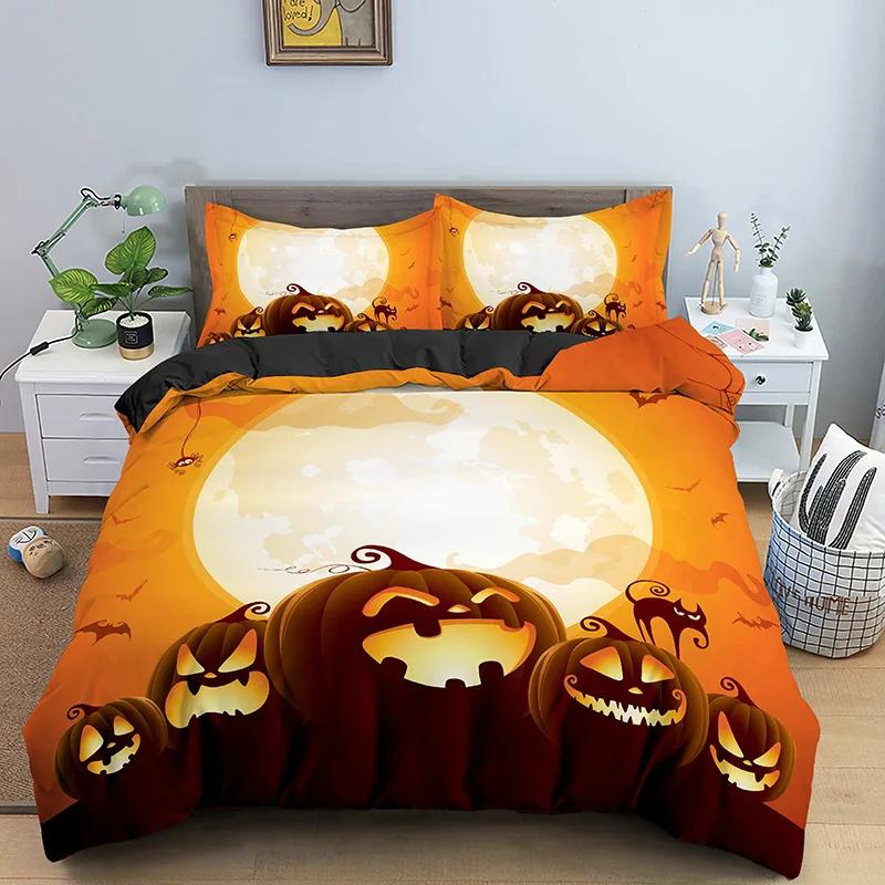 Halloween Pumpkin King Queen Duvet Cover Cartoon Black Cat Bedding Set Kids Girls Orange Pumpkin Lantern Polyester Quilt Cover