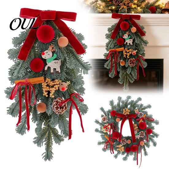 Handmade Wreath for Balcony Christmas Artificial Garland with Pinecones Cinnamon And Red Bows, Decorative Hanging Rustic Pinecone Pendants Winter