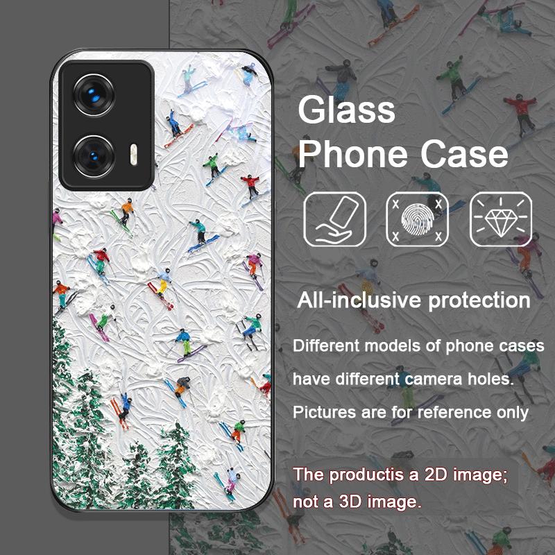 Oil Painting Art Snow Scenery Skiing Tempered Glass Phone Case for Motorola Moto G85 G84 G75 Edge 50 Fusion 40 Neo 30 Pro Covers