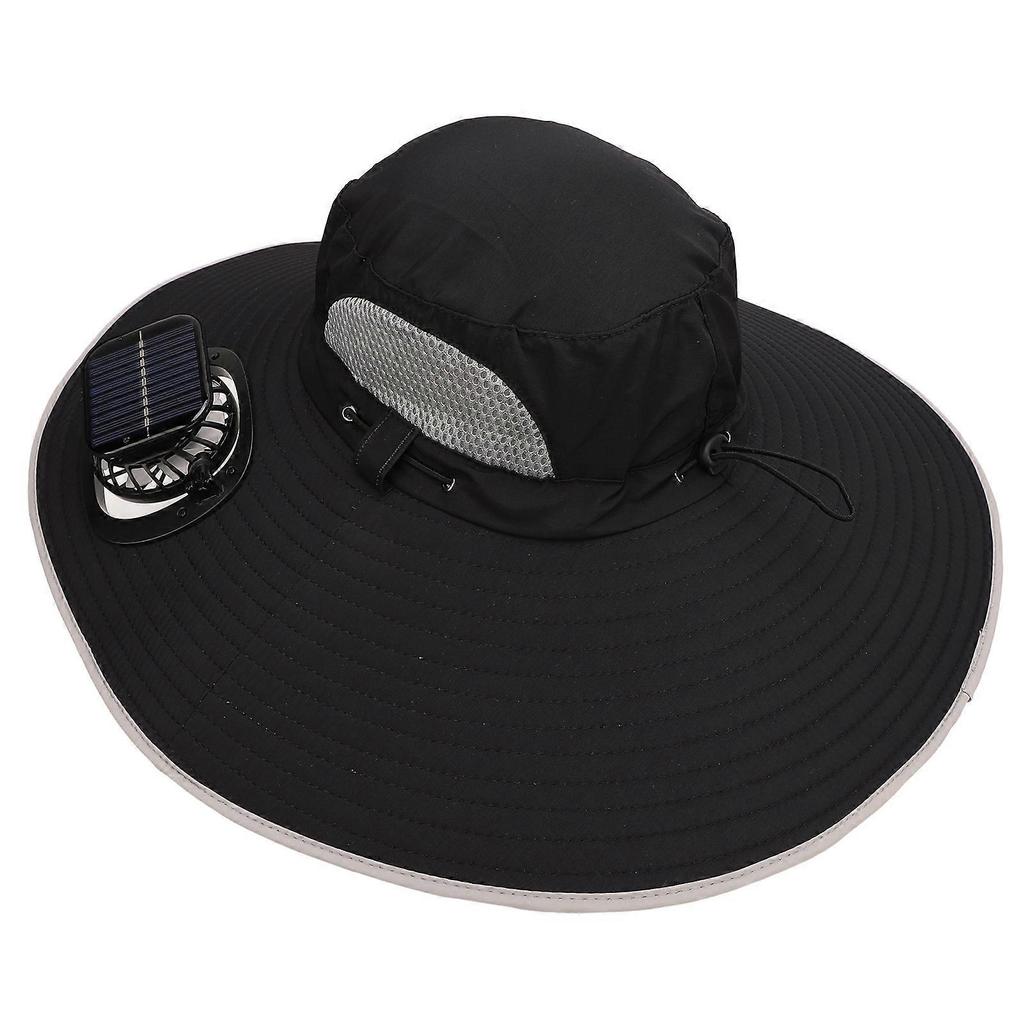 Sun Hat Wide Brim Breathable Sun Proof Fisherman Hat with 2 Solar Fans 3 Speed Adjustable Windproof Belt for Men Black