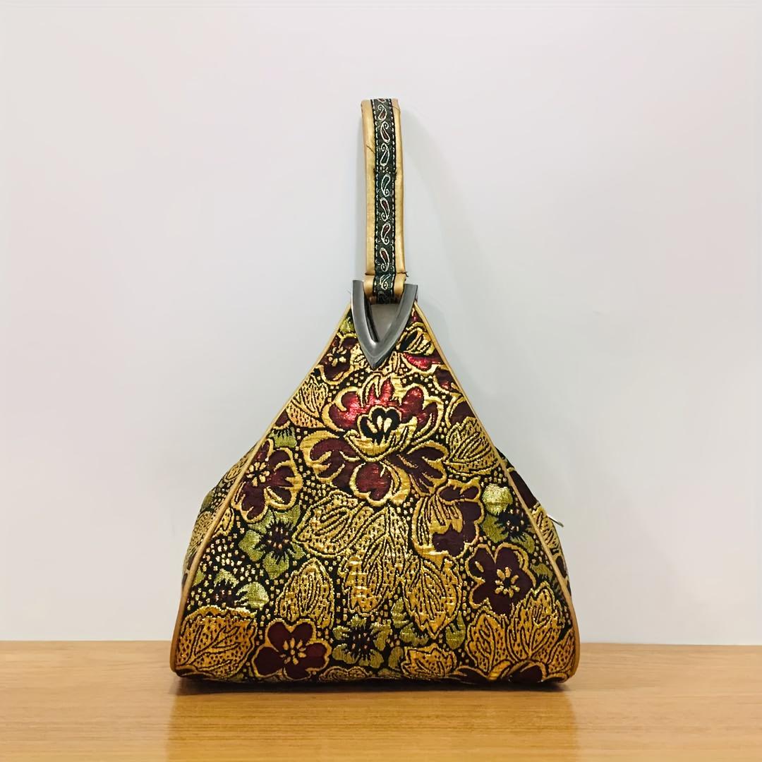 

Vintage Floral Women’s Handbag – Ethnic Style Retro Purse with Golden Accents, Green/Burgundy Polyester, Zipper Closurel for Casual Outings багряний