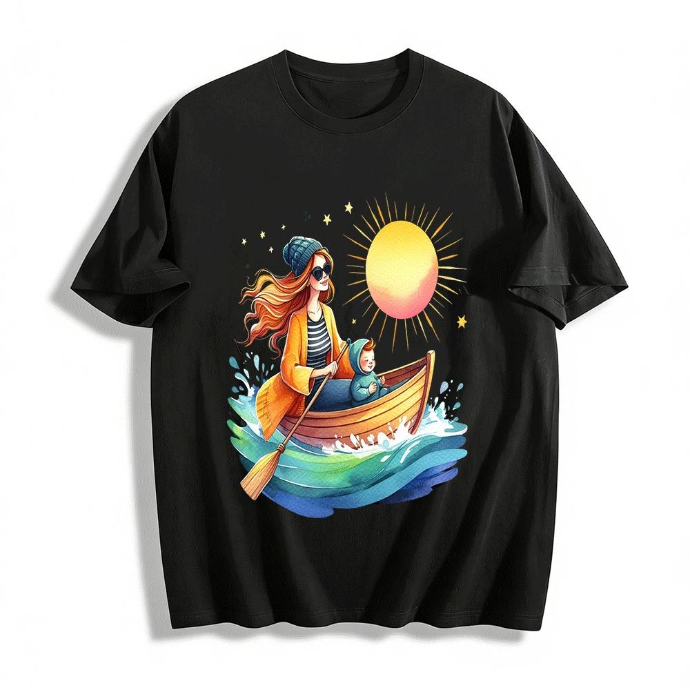 Mom And Kid Rowing Under Sunshine Graphic Casual Top Pure cotton T-shirt XXS