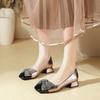 Square head bow rhinestone color matching high heels thick heel not tired feet 2025 new French soft leather light mouth single shoes