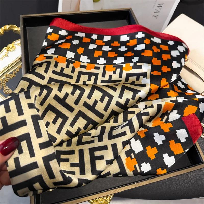 68Cm Checked Letter Printed Scarf Women'S New Spring And Summer Imitation Silk Square Scarf High-End Versatile Shawl Headscarf