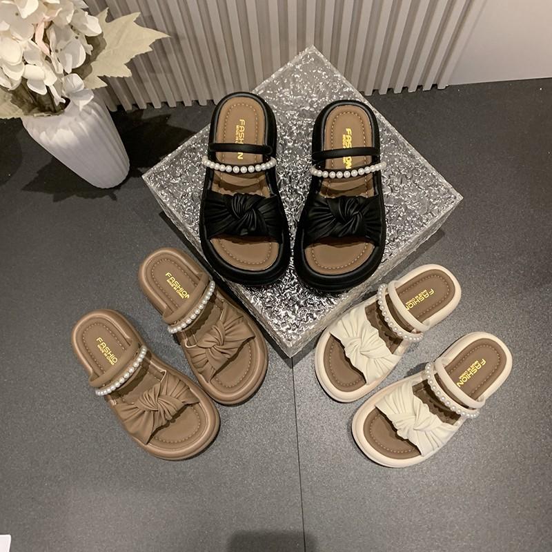 Thick-bottomed Fairy Style Slippers Female Outer Wear 2025 Summer New Fashion Roman Pearl Muffin Cool Slippers Female