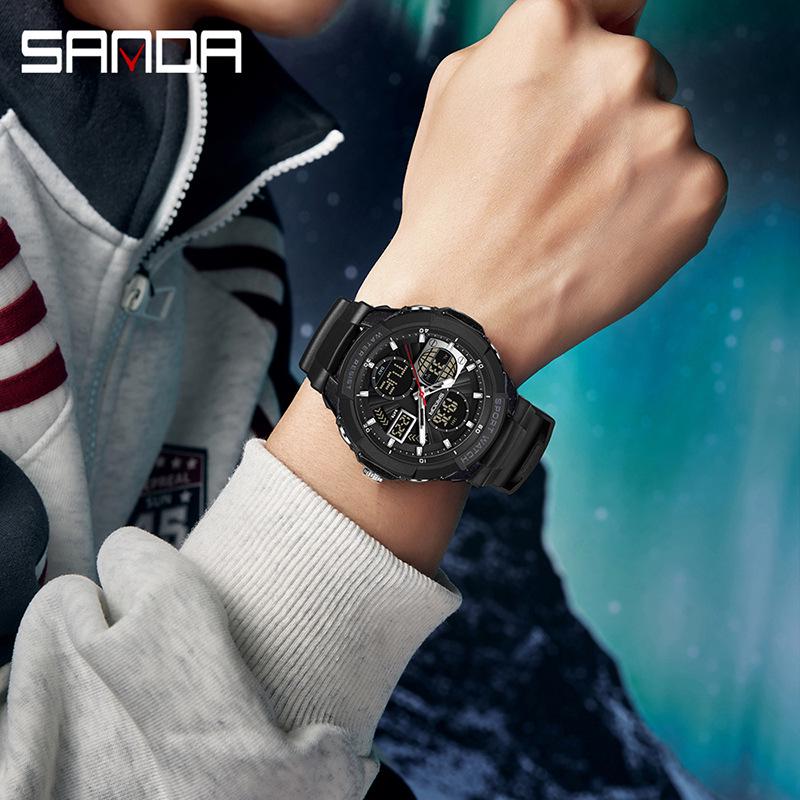 Sanda Men's Multifunctional Sports Watch with Three-Time Zone Dual Display & Waterproof Design