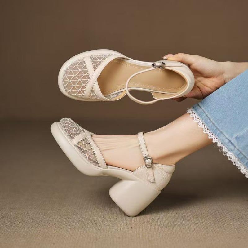 Fashion Versatile Summer Genuine Leather Sandals for Women, Thick Heels, Thick Soles, and Headwear To Increase Heels
