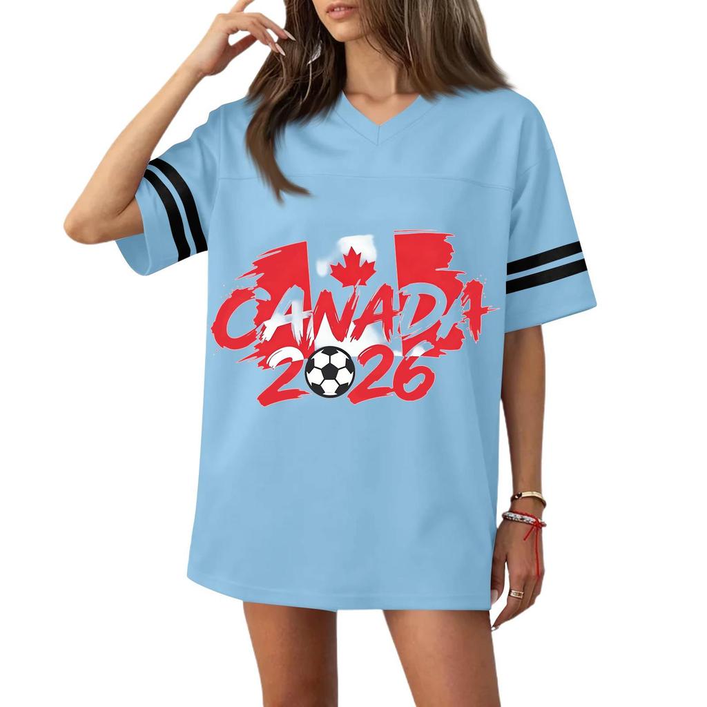 Women's Casual V Neck Short Sleeve Soccer Jersey Top with Flag Print and 2026 Graphic for Sports and