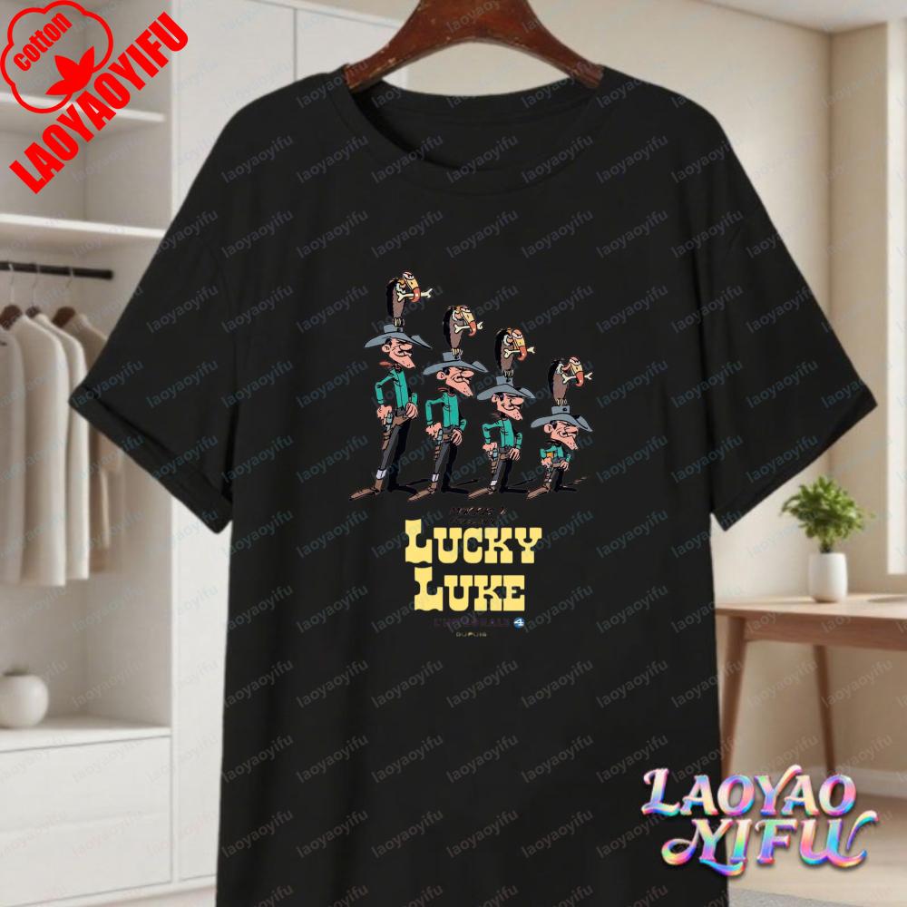 Lucky Luke Vollbesetzung Druck Lässige Oberteile Verspieltes West-Cartoon Baumwoll-T-Shirt Lustiges Vintage Klassisches Anime-Shirt Trend Unisex Kleidung
