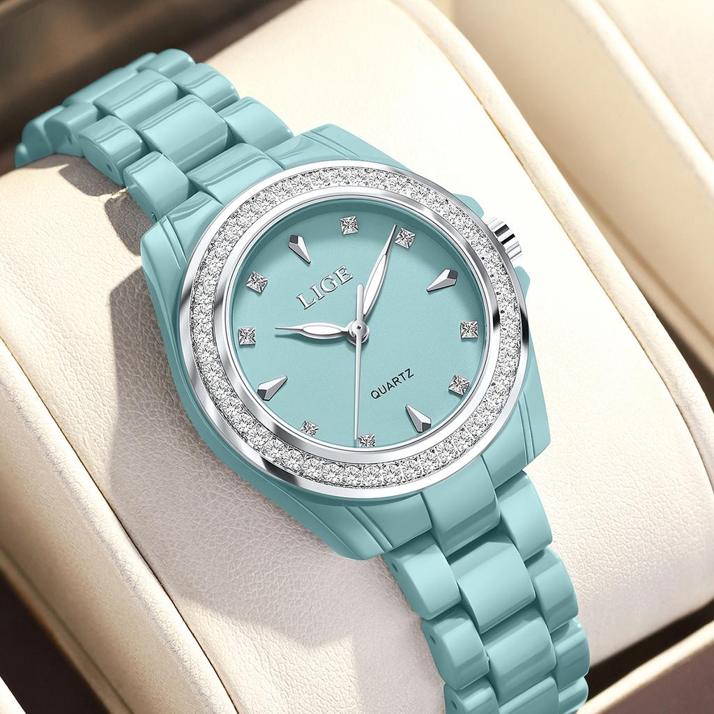 LIGE Women's Watch New Ceramic Elegant Quartz Watch Fashion Waterproof Luminous Clock Women's Wristwatch Montre Femme+BOX