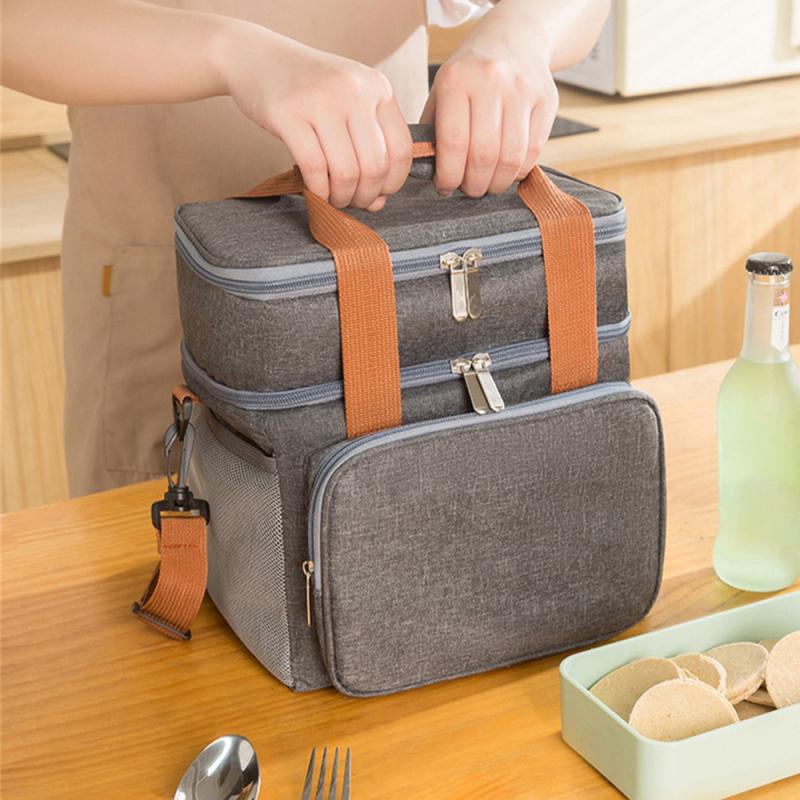 Çift Katmanlı Yalıtımlı Öğle Yemeği Çantası Yüksek Kapasiteli Piknik Bento Kutusu Yemek Kese Gıda Termal Soğutucu Teslimat Çantaları Kadın Erkek için