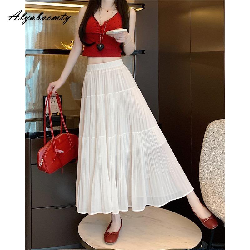 Fairycore Letní Dámská Midi Plisovaná Sukně s Vysokým Pasem Černá Bílá Béžová Fialová Pohádková Volánková Sukně Elegantní Ženská Dámská Základní Sukně