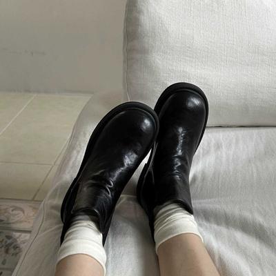 Sheepskin Version~ Chelsea Boots Short Boots Women's Retro Washed Pleated Versatile Thick Heel Thick-soled Cigarette Boots