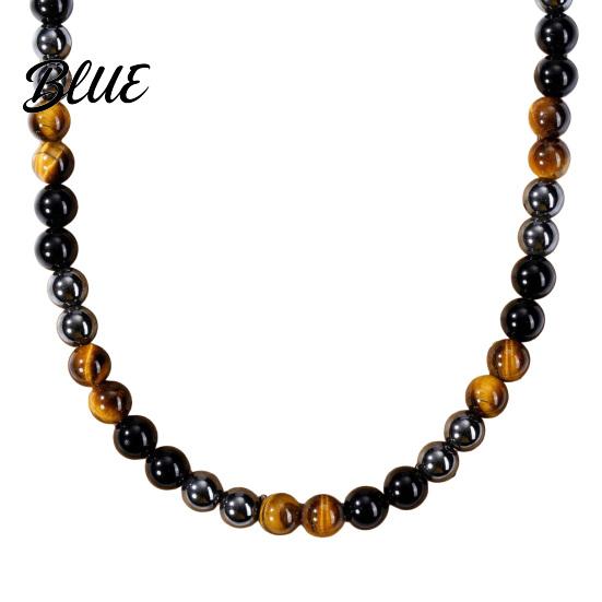Collana di Perle Occhio di Tigre Perle di Pietra per Uomo Ossidiana Gialla