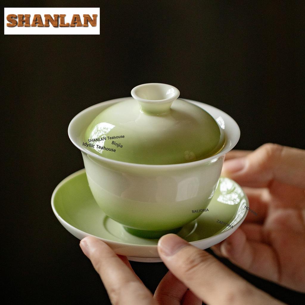 100ml Gradient Green Gaiwan Vintage Not Hot Tea Tureen Household Tea Bowl With Lid Kit Tea Making Cover Bowl Drinkware Gifts