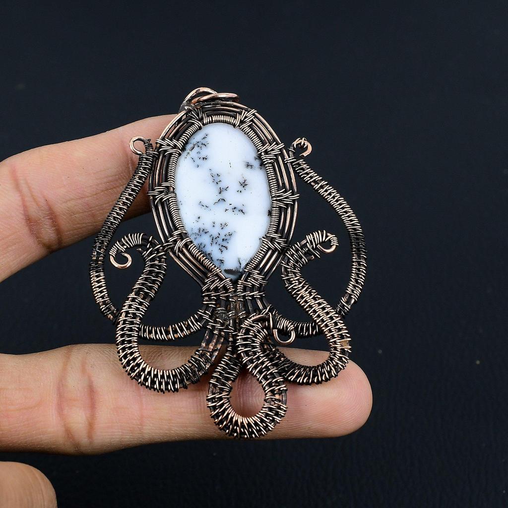 Dendrite Opal 999 Copper Wire Wrapped Pendant, Handmade Gemstone Jewelry Pendant Gift For Birthday