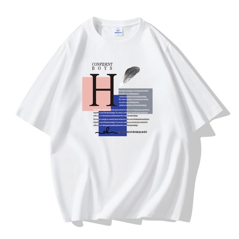 H Men's Short Sleeves Cotton T-shirt Large Size Loose Tee