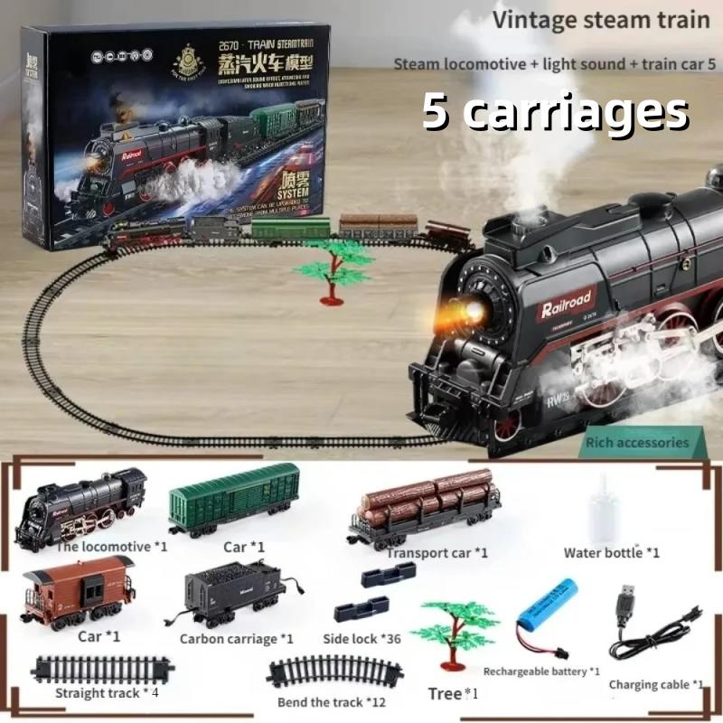 Retro Steam Train Set with Smoke Effect, Lights & Sounds, USB Rechargeable Christmas Train Railway Kits for Kids Holiday Gifts
