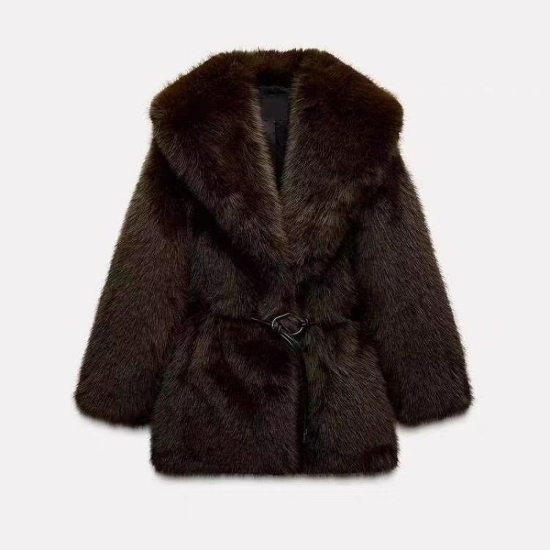 Womens Faux Fur Coat Mid-Length Turn-Down Collar Warm Brown Coffee Outerwear Urban Chic Fall 2025