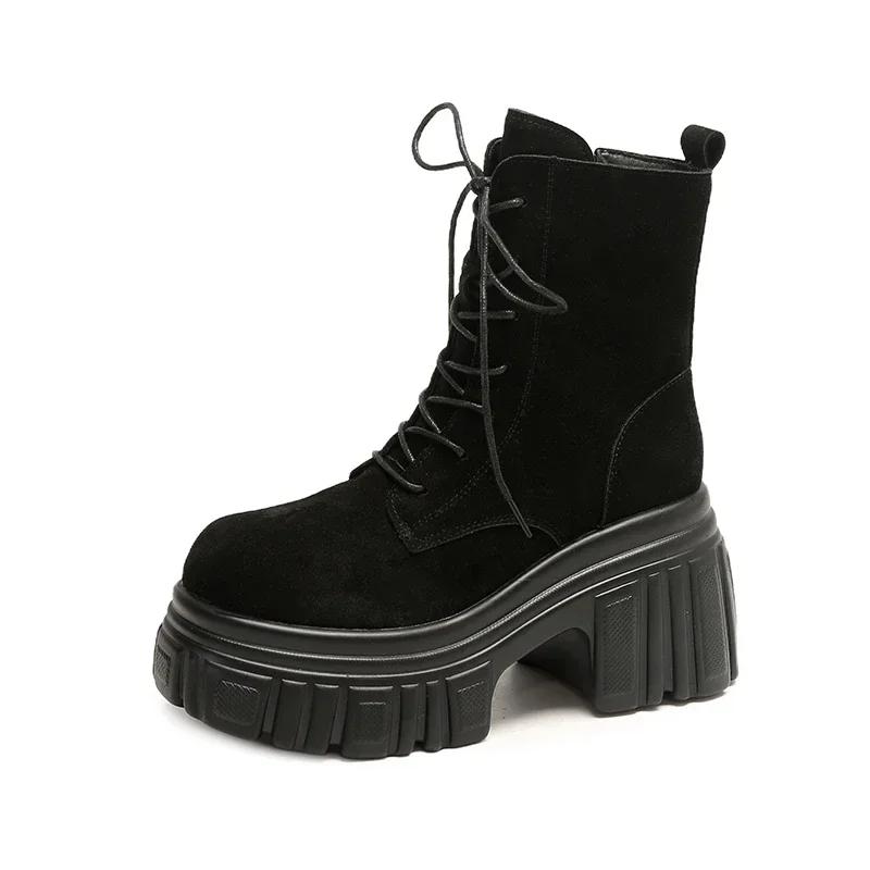 

Модные женские кожаные мотоциклетные ботинки 9 см, осень-весна, новые высокие ботильоны на толстой платформе, женские туфли на танкетке, замшевые панковские туфли для женщин 34 чёрный