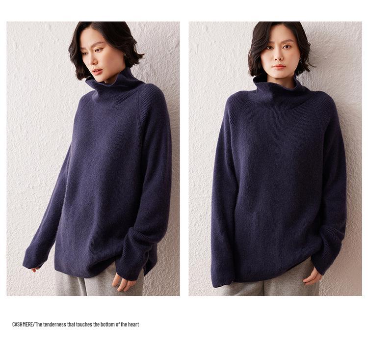 Women's High Neck Cashmere Sweater - 2026 Autumn/Winter Ribbed Knit, Simple Loose Fit, Slimming & Warm
