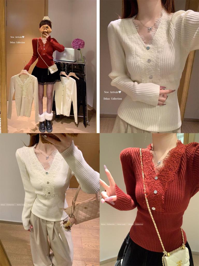2026 Autumn Women's French Lace Knit Sweater: Elegant Layered Design