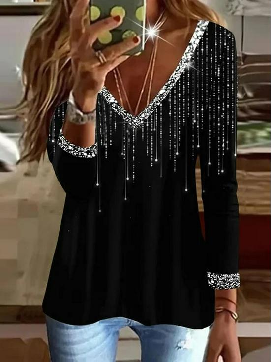European & American V-Neck Long Sleeve Sequin T-Shirt (2025 Winter Collection)