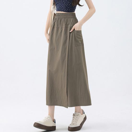 Women Cargo Pants Elastic High Waist Wide-Leg Skirt Pants with Pockets Solid Color Summer Thin Leisure Trousers