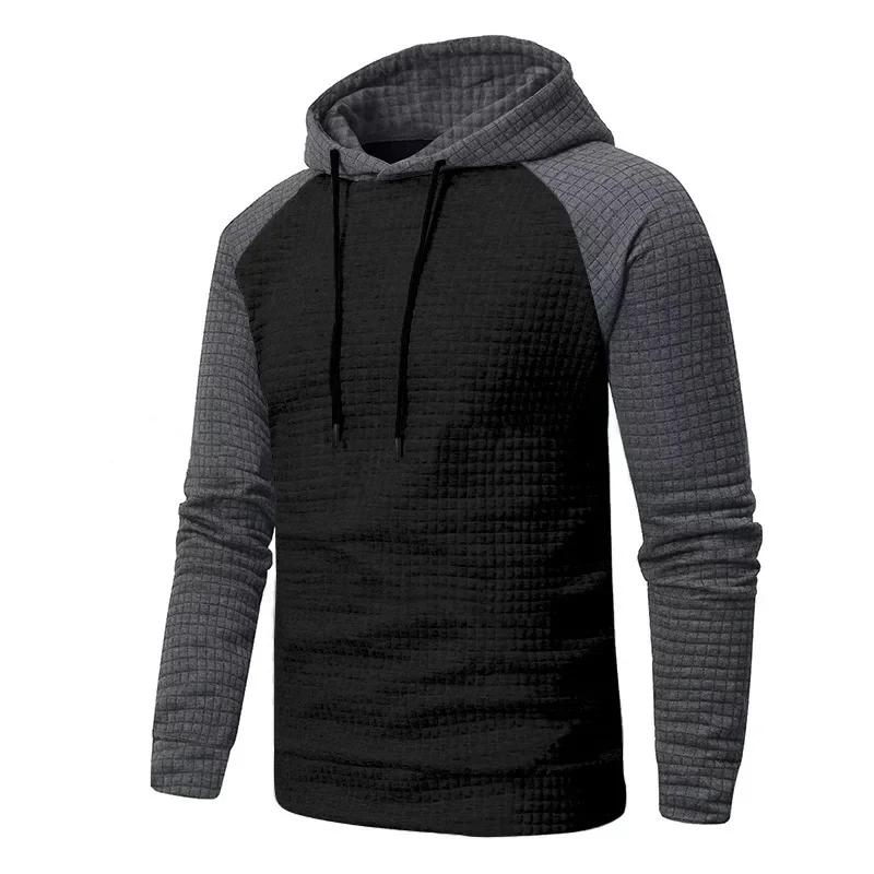 Men's Casual Patchwork Color Small Square Grid Hoodie Slim Fit Top Winter Round Neck Sweatshirts