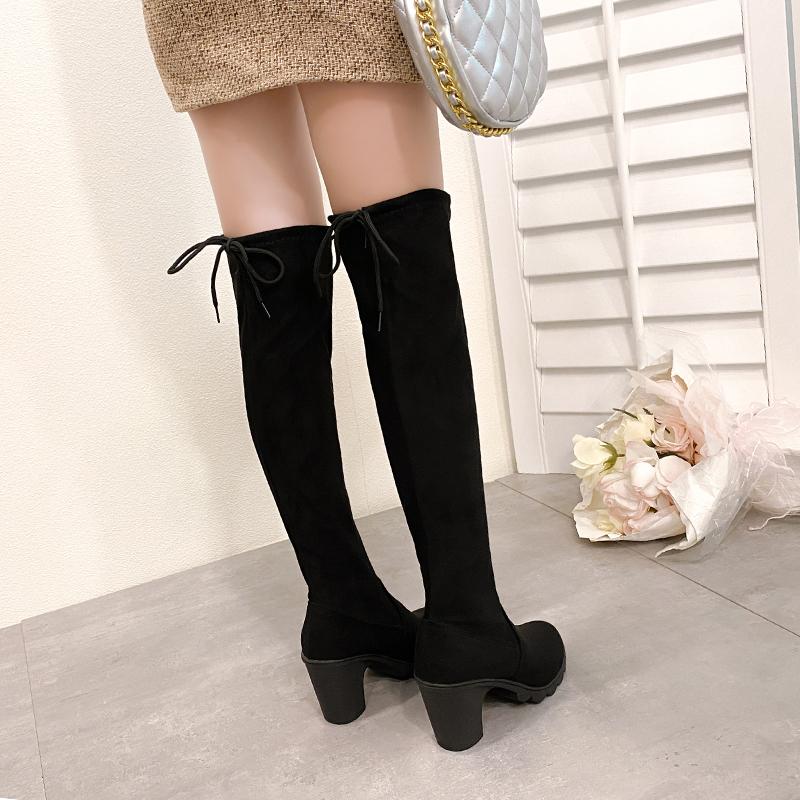 Women Boots Winter Black Over The Knee Boots 2025 New Comfort Lace Up Chunky High Heels Shoes Warm Round Toe Boots