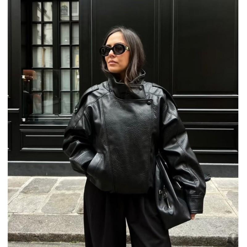 Women's Fall Simple Solid Retro Versatile PU Leather Pilot Jacket