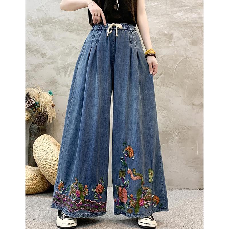 Summer New Wide Leg Jeans for Women Vintage Ethnic Style Embroidered Loose Slimming Straight Denim Pants Female Summer
