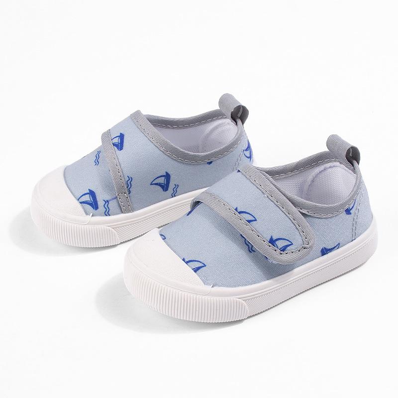 Spring 2026 Kids' Canvas Shoes: Printed Toe Cap, Velcro Closure, Anti-Kick Soft Sole, Toddler-Friendly.